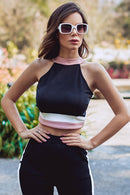Conjunto  Cropped Calça Bicolor Malha Crepe